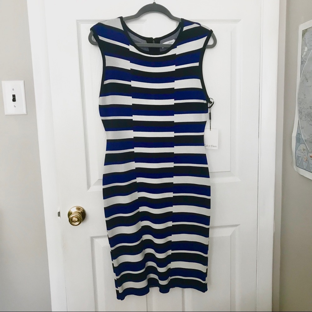 Calvin Klein blue, black, white striped dress NWT
